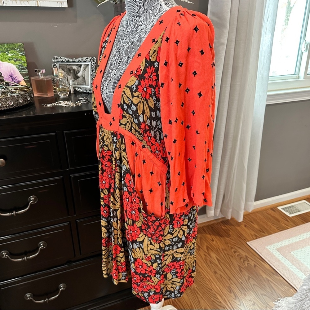 Free People Tallula Poppy Orange Deep-V Mixed Floral Boho Dress Size S - Picture 5 of 16